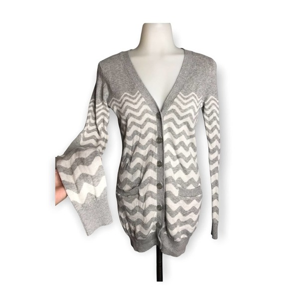 Ruby Moon | Elbow Patch Striped Button Down Cardigan Grey & White - Picture 10 of 10